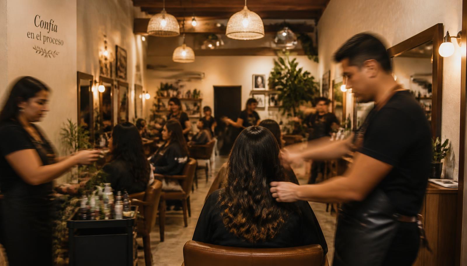 Warm-lit salon with stylists at work