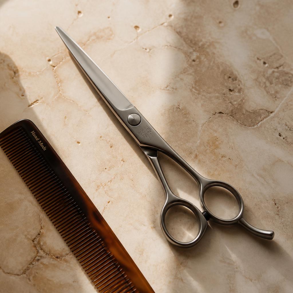 Shears and comb on warm marble