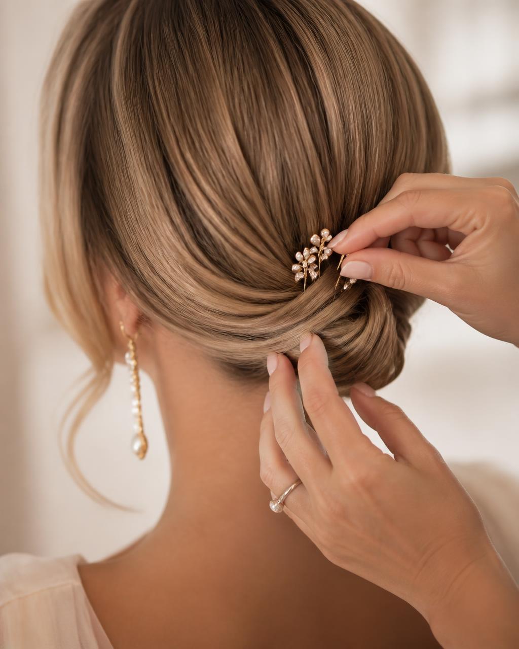 Finishing an updo with gold pins